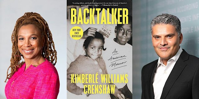 Kimberlé Crenshaw and a second speaker flanking the yellow-and-white cover of her memoir Backtalker: An American Memoir