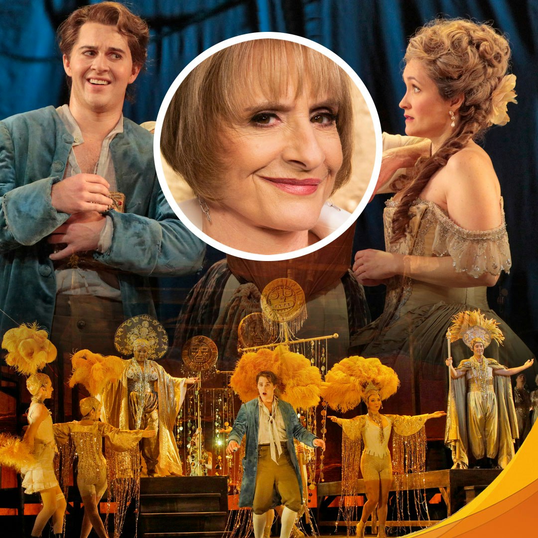 Promotional image for LA Opera's Candide production featuring colorful theatrical staging