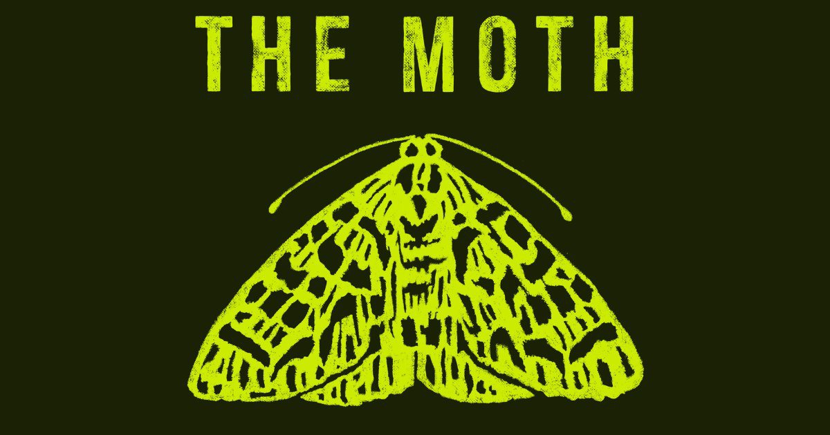 Chartreuse moth illustration under the words THE MOTH on a dark green background