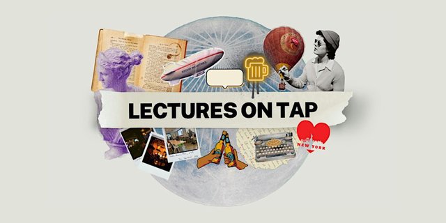 Lectures on Tap promotional collage with a beer mug, a vintage book, a typewriter and a hot air balloon