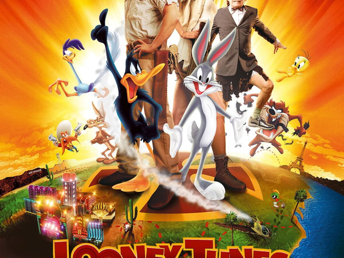 Poster art with Bugs Bunny, Daffy Duck, Road Runner and Tweety on a cartoon globe