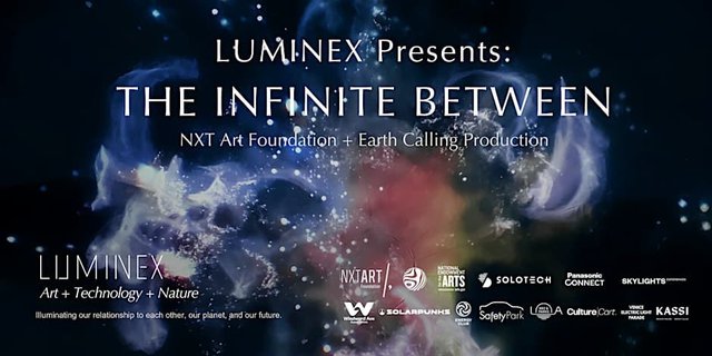 Title card for The Infinite Between showing glowing blue and red cosmic clouds against a dark background