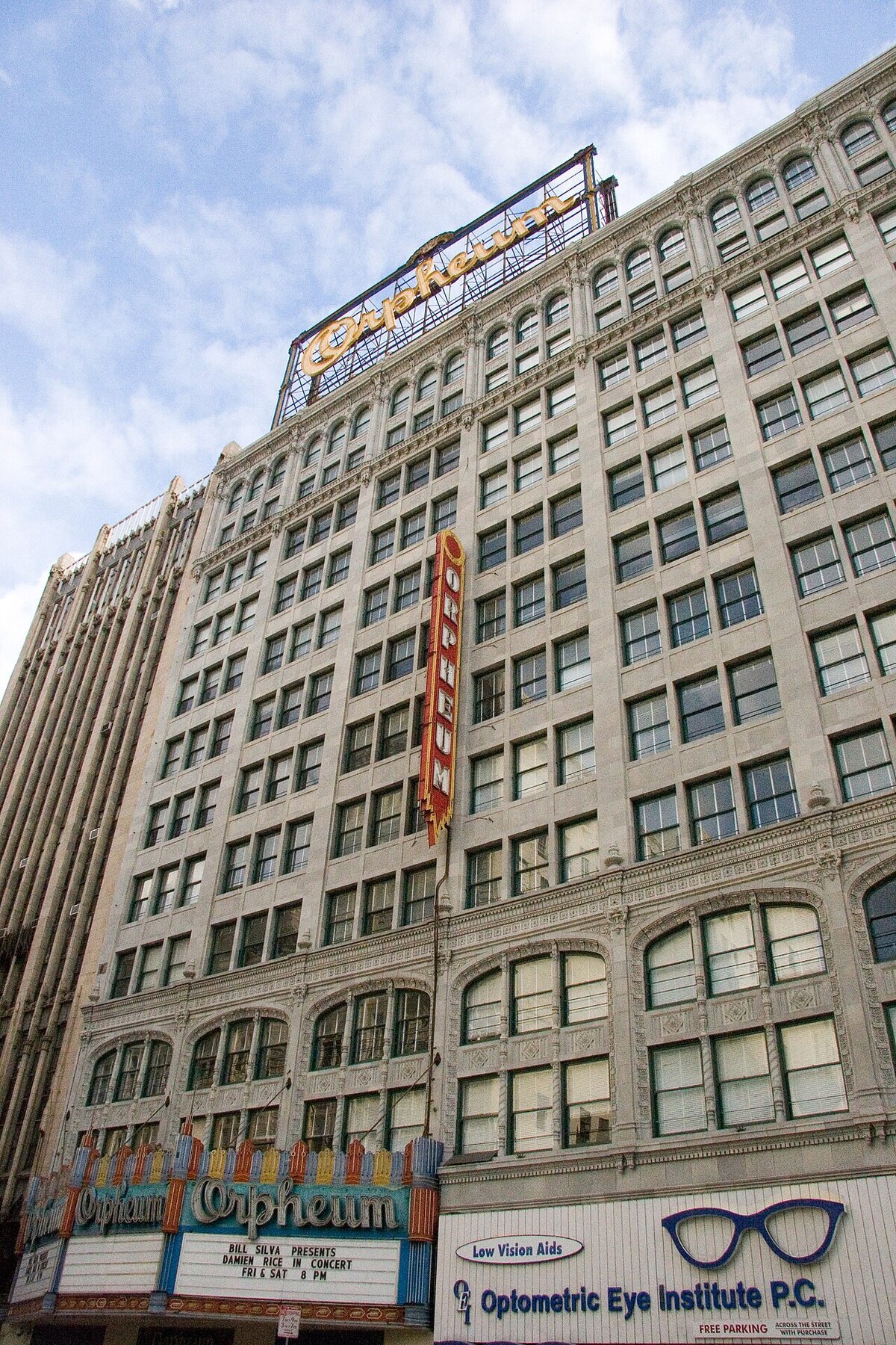 Exterior of the Orpheum Theatre on Broadway in Los Angeles with its vertical blade sign