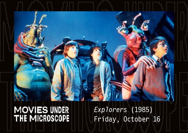 Three young friends and two colorful alien creatures looking up in awe, a still from Explorers, with Movies Under the Microscope title text