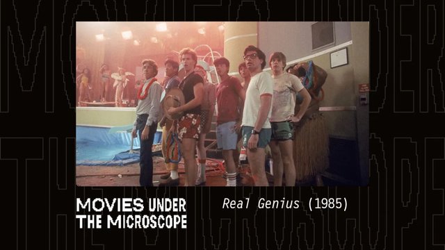A group of college students standing in a lit hall in a still from Real Genius, with Movies Under the Microscope title text