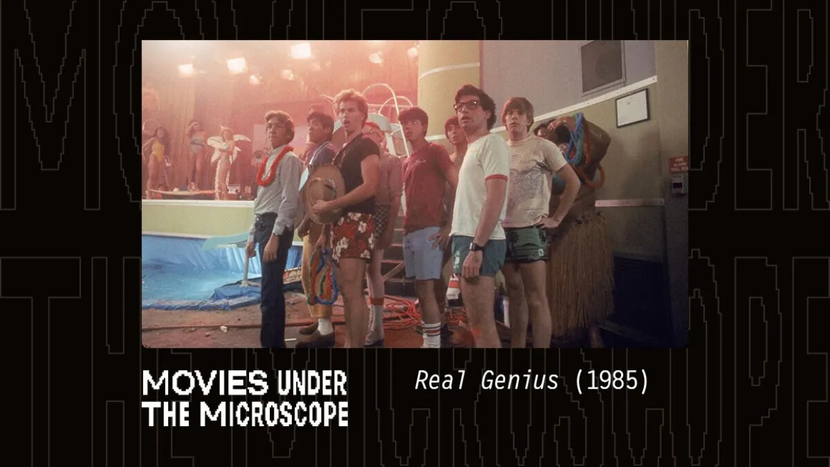 A group of college students standing in a lit hall in a still from Real Genius, with Movies Under the Microscope title text