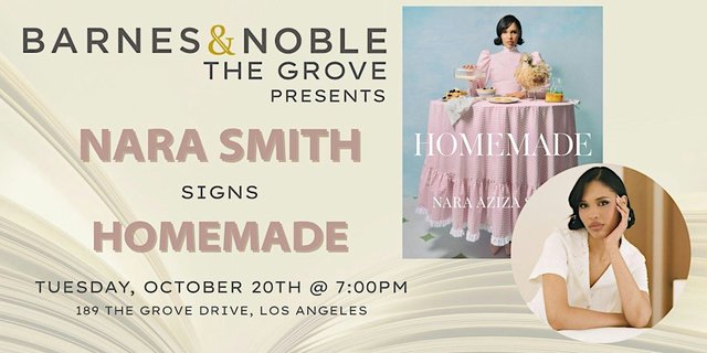 Barnes & Noble The Grove flyer for Nara Smith signing HOMEMADE, with the pink gingham book cover and a portrait of Nara in a white blouse