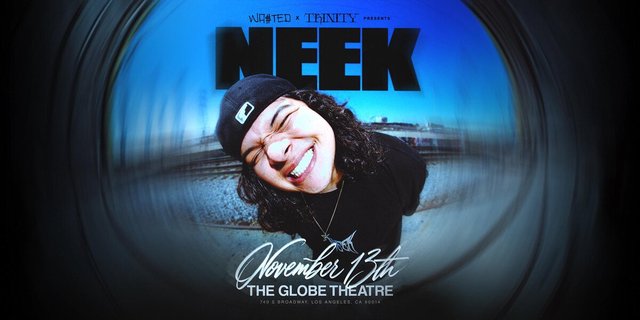 Event flyer showing Neek smiling in a black cap inside a blue fisheye swirl, with the November 13th date and The Globe Theatre
