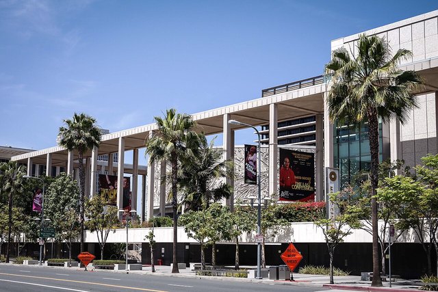 Exterior of the Ahmanson Theatre in downtown Los Angeles, with its distinctive circular architecture