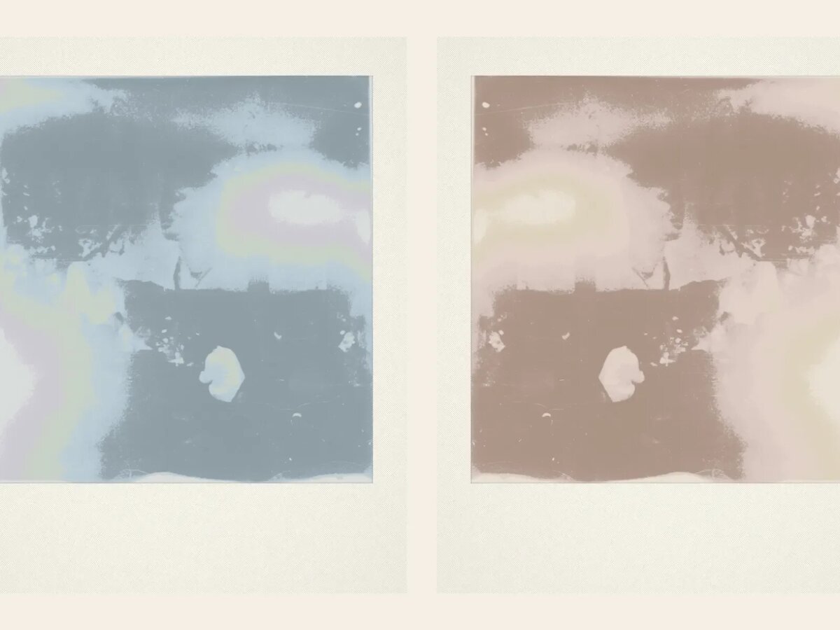 Two side-by-side screen-printed photographic textile panels, one in blue-gray and one in rose-brown tones
