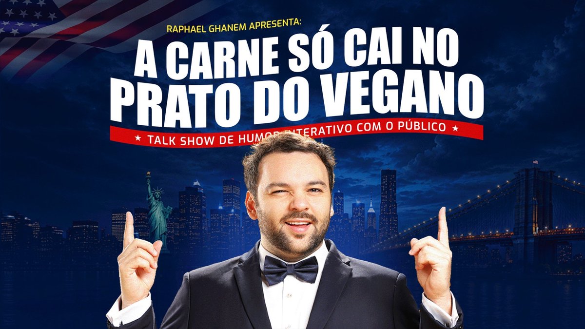 Promotional artwork for Raphael Ghanem's stand-up show A Carne Só Cai no Prato do Vegano