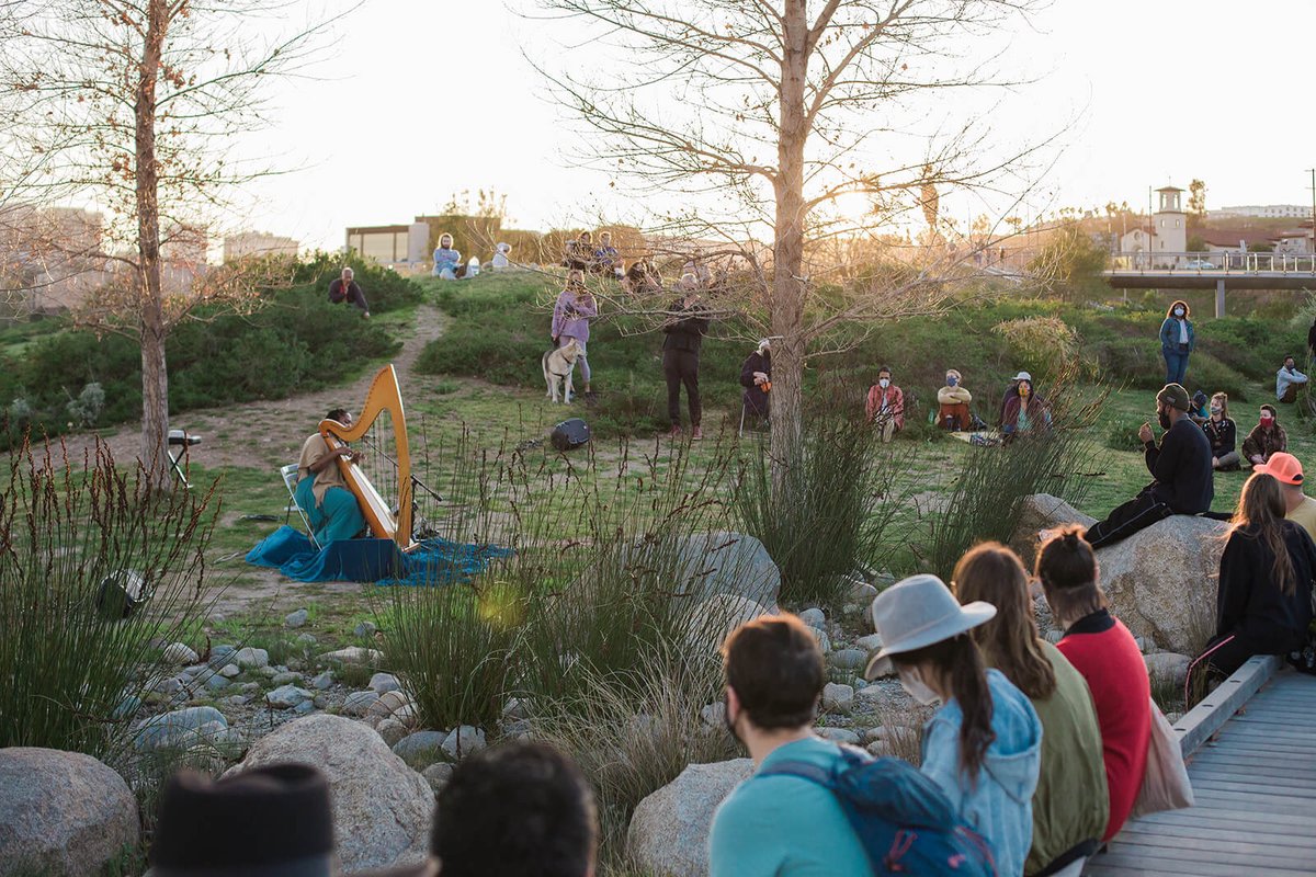 A harpist performs on a blue cloth in a grassy park at sunset while an audience sits on boulders and a hillside to listen