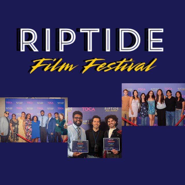 Riptide Film Festival poster with the festival logo above three photos of filmmakers and guests posing at a step-and-repeat banner