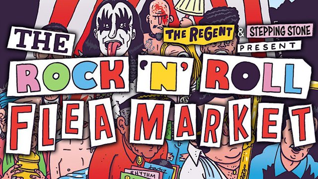 Event flyer for The Rock 'N' Roll Flea Market at The Regent Theater in downtown Los Angeles