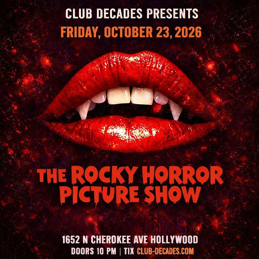 Event flyer with glossy red vampire lips on a dark red background, the title The Rocky Horror Picture Show and the date Friday, October 23, 2026