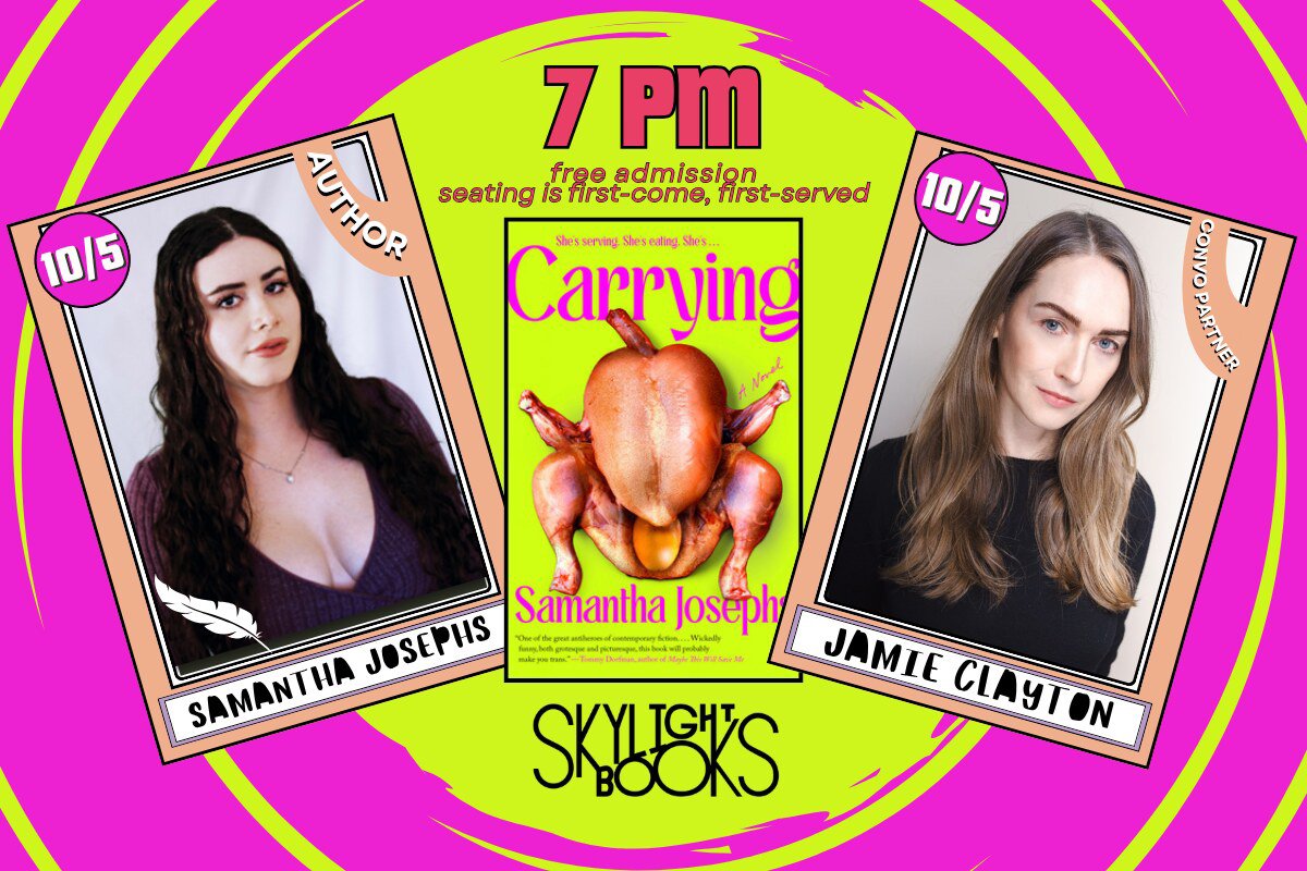 Event flyer showing author Samantha Josephs, the Carrying book cover with a roasted bird, and actor Jamie Clayton on a pink spiral background