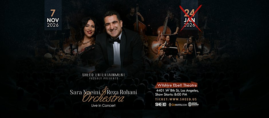 Event flyer for Sara Naeini and Reza Rohani Orchestra at Wilshire Ebell Theatre, Los Angeles, November 2026