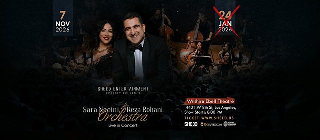 Event flyer for Sara Naeini and Reza Rohani Orchestra at Wilshire Ebell Theatre, Los Angeles, November 2026