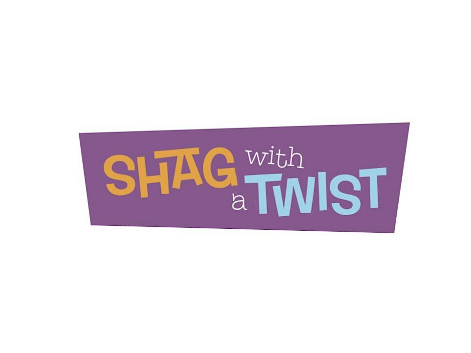 Shag With A Twist title card with orange and light blue retro lettering on a slanted purple banner