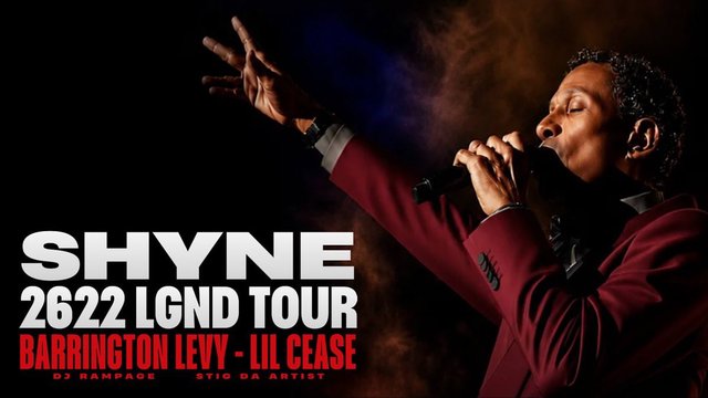 Tour flyer with Shyne's name and a singer in a burgundy jacket reaching out with one arm