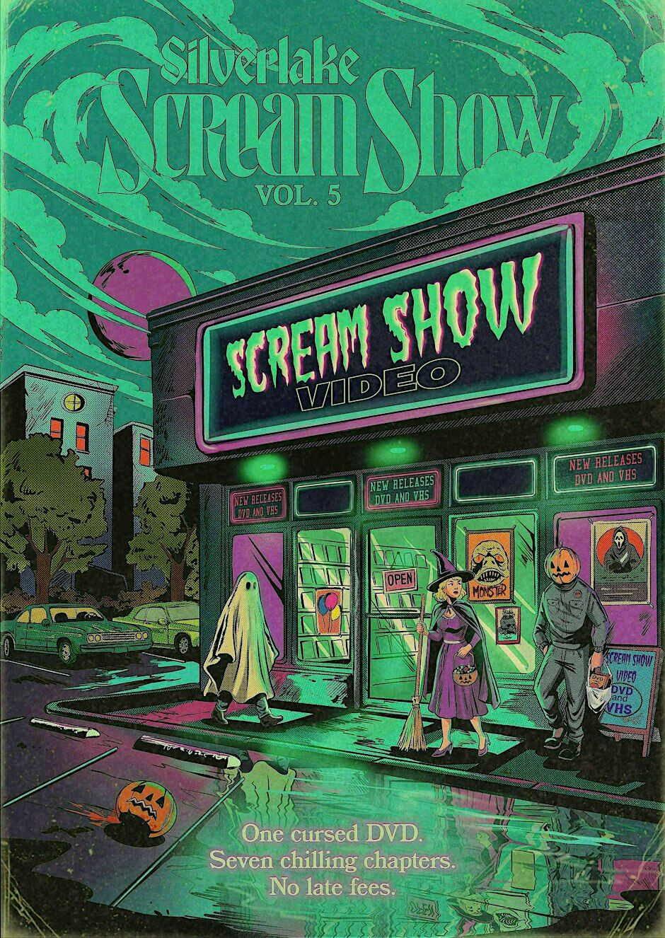 Illustrated poster of a neon-green video store at night with a ghost, a witch and a pumpkin-headed figure out front