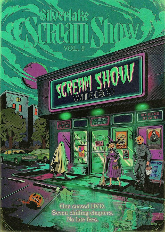 Illustrated poster of a neon-green video store at night with a ghost, a witch and a pumpkin-headed figure out front