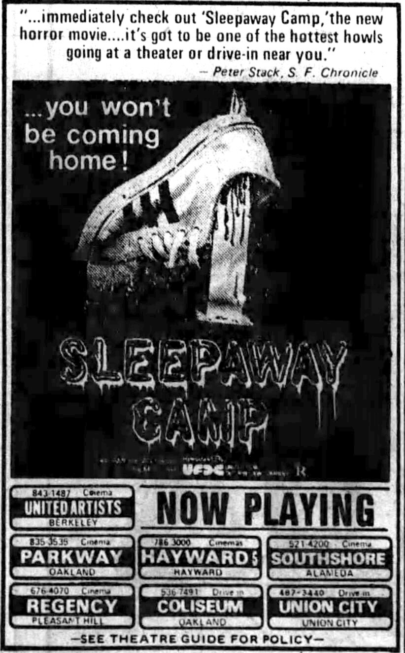Black and white 1984 newspaper ad for the horror film Sleepaway Camp with a dripping sneaker graphic