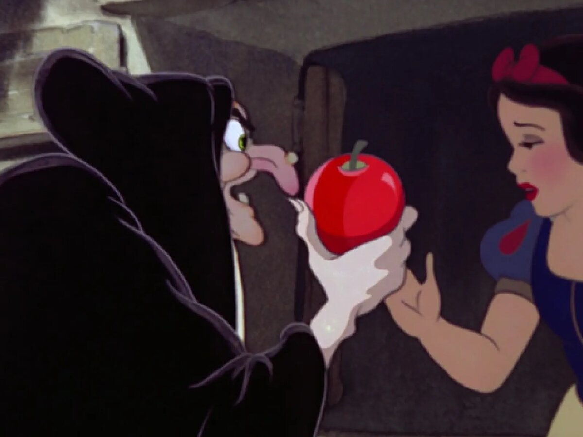 Animated still of the disguised Queen offering a red apple to Snow White