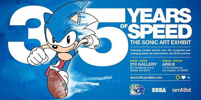 Promotional artwork for 35 Years of Speed, the Sonic the Hedgehog art exhibit from iam8bit