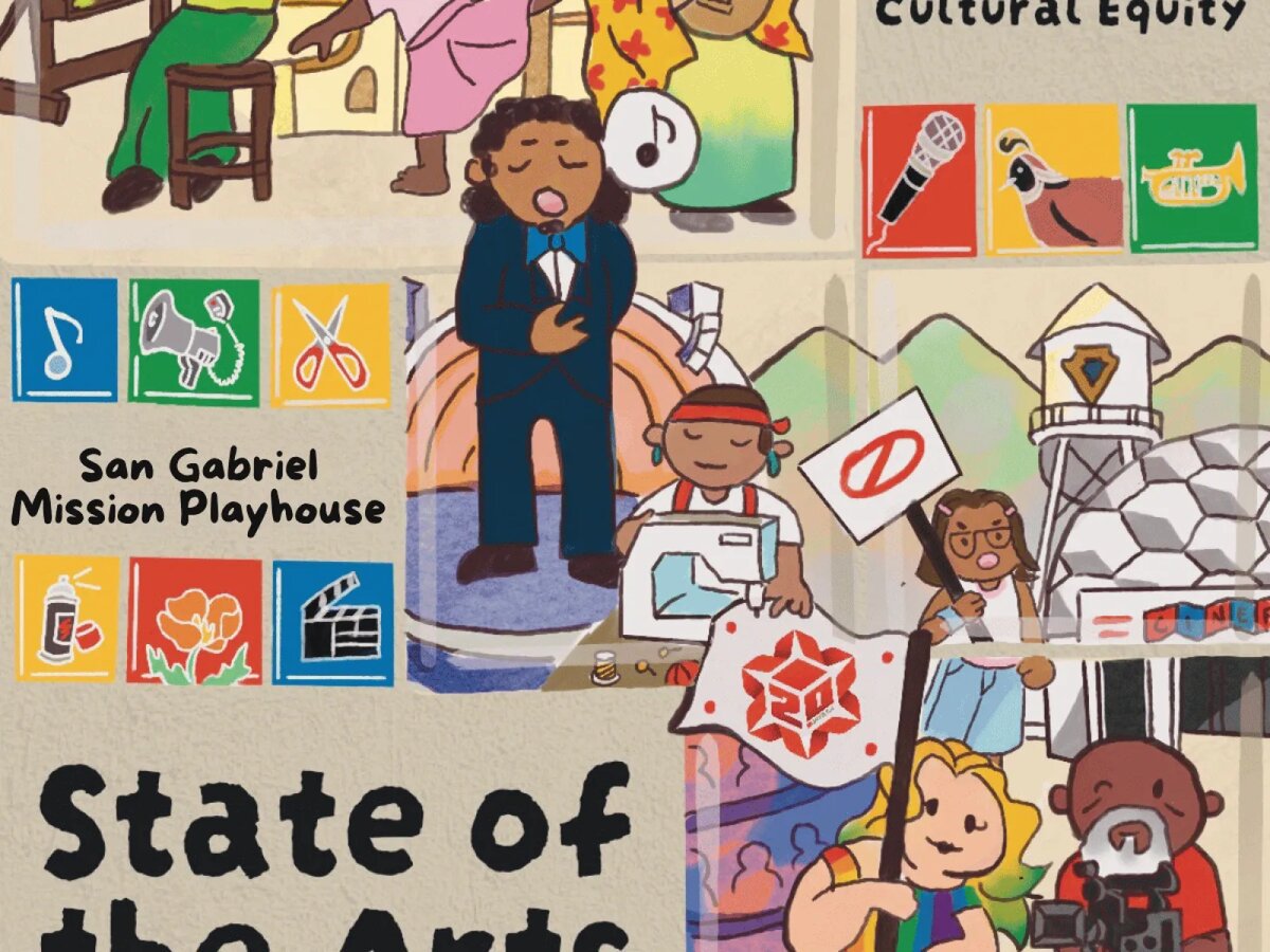 Illustrated State of the Arts 2026 poster showing a singer, a sewing artist and protest signs above the San Gabriel Mission Playhouse name