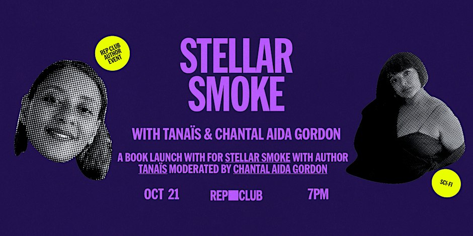 Purple event flyer for the Stellar Smoke book launch showing two halftone portraits and the Rep Club logo