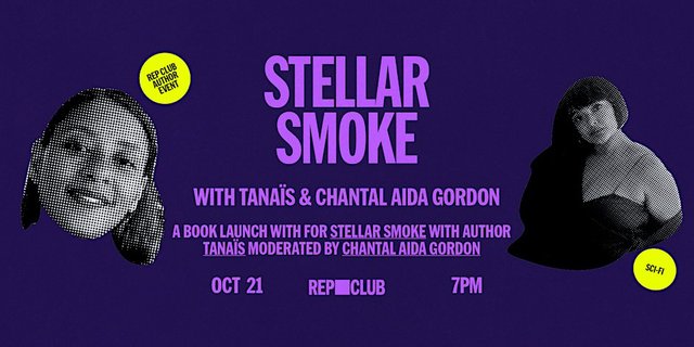 Purple event flyer for the Stellar Smoke book launch showing two halftone portraits and the Rep Club logo
