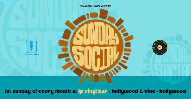 Poster artwork reading Sunday Social in a retro sunburst design with LP Vinyl Bar logos