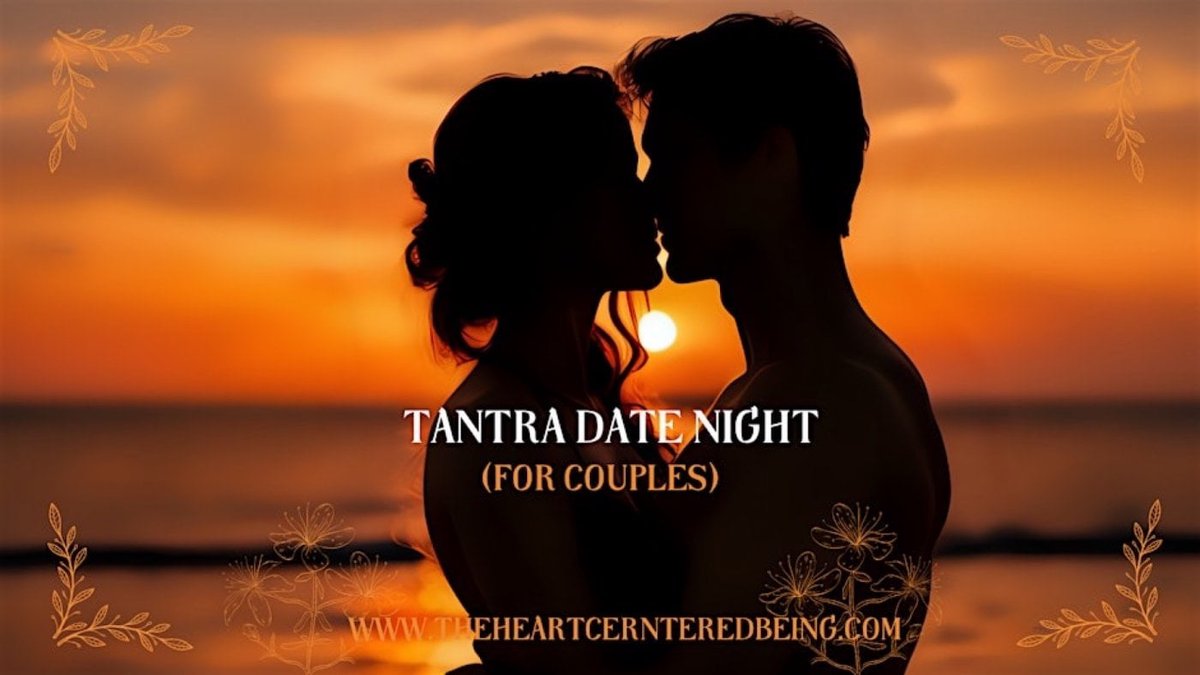 Silhouetted couple nose to nose against an orange sunset, with the title Tantra Date Night (For Couples) over the image