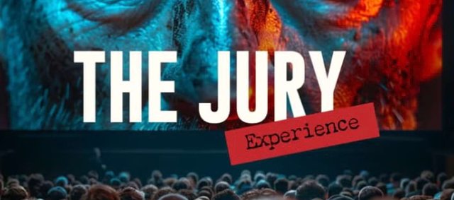 Courtroom stage set with dramatic lighting for The Jury Experience immersive theater