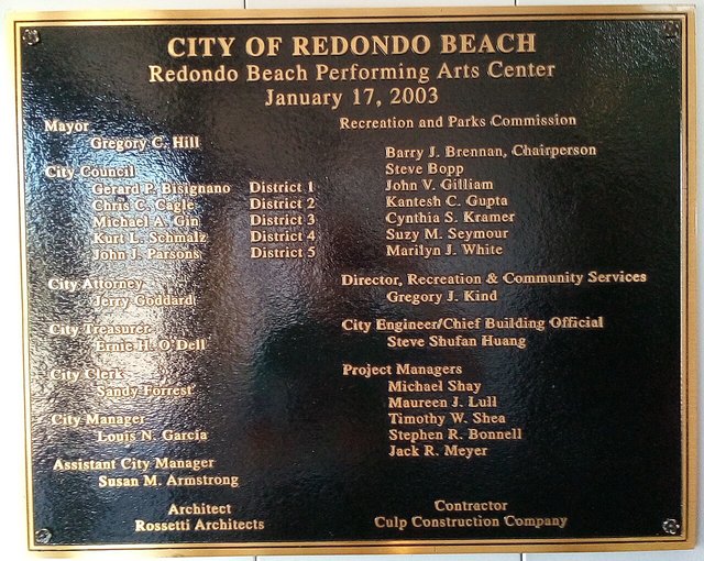 Wall plaque at the Redondo Beach Performing Arts Center, the venue for the ballet