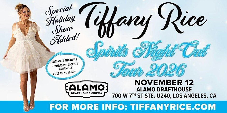 Event flyer for Tiffany Rice's Spirits Night Out Tour 2026 at Alamo Drafthouse, November 12