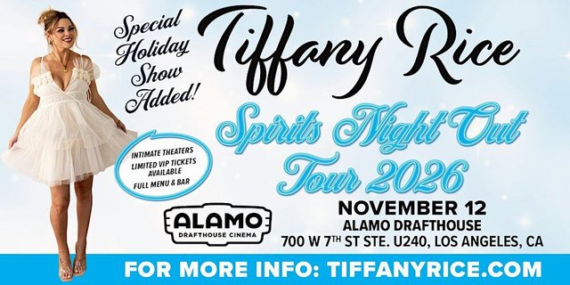 Event flyer for Tiffany Rice's Spirits Night Out Tour 2026 at Alamo Drafthouse, November 12