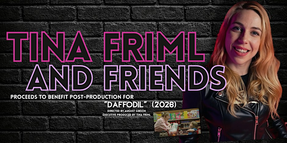 Pink and purple outlined text reading Tina Friml and Friends on a black brick wall, beside a smiling woman with long blonde hair in a black leather jacket