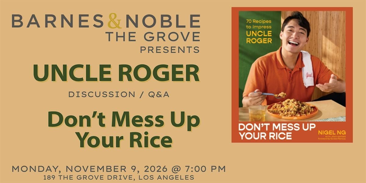 Event flyer with the Don't Mess Up Your Rice cookbook cover and the Barnes & Noble The Grove event details