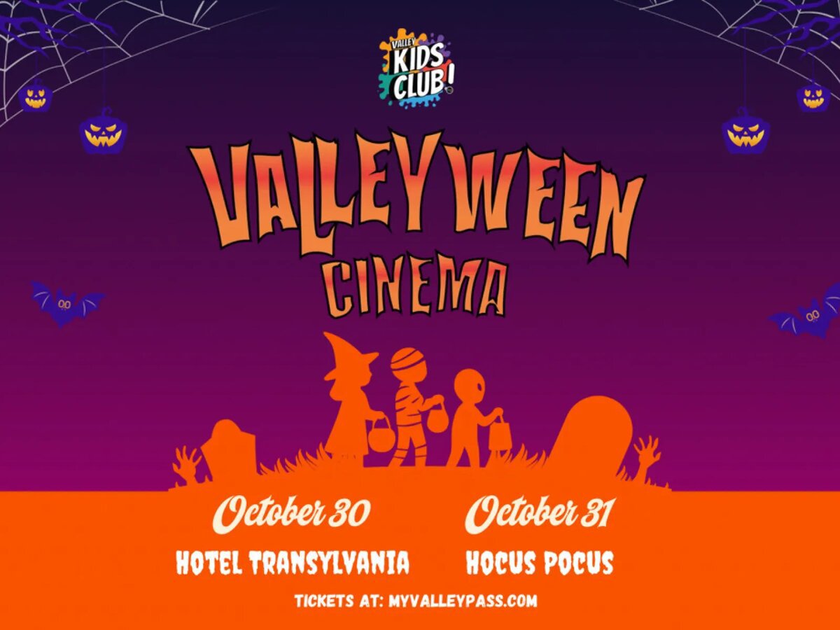Valleyween Cinema poster with jack-o'-lanterns, bats and silhouetted trick-or-treating kids, listing Hocus Pocus on October 31