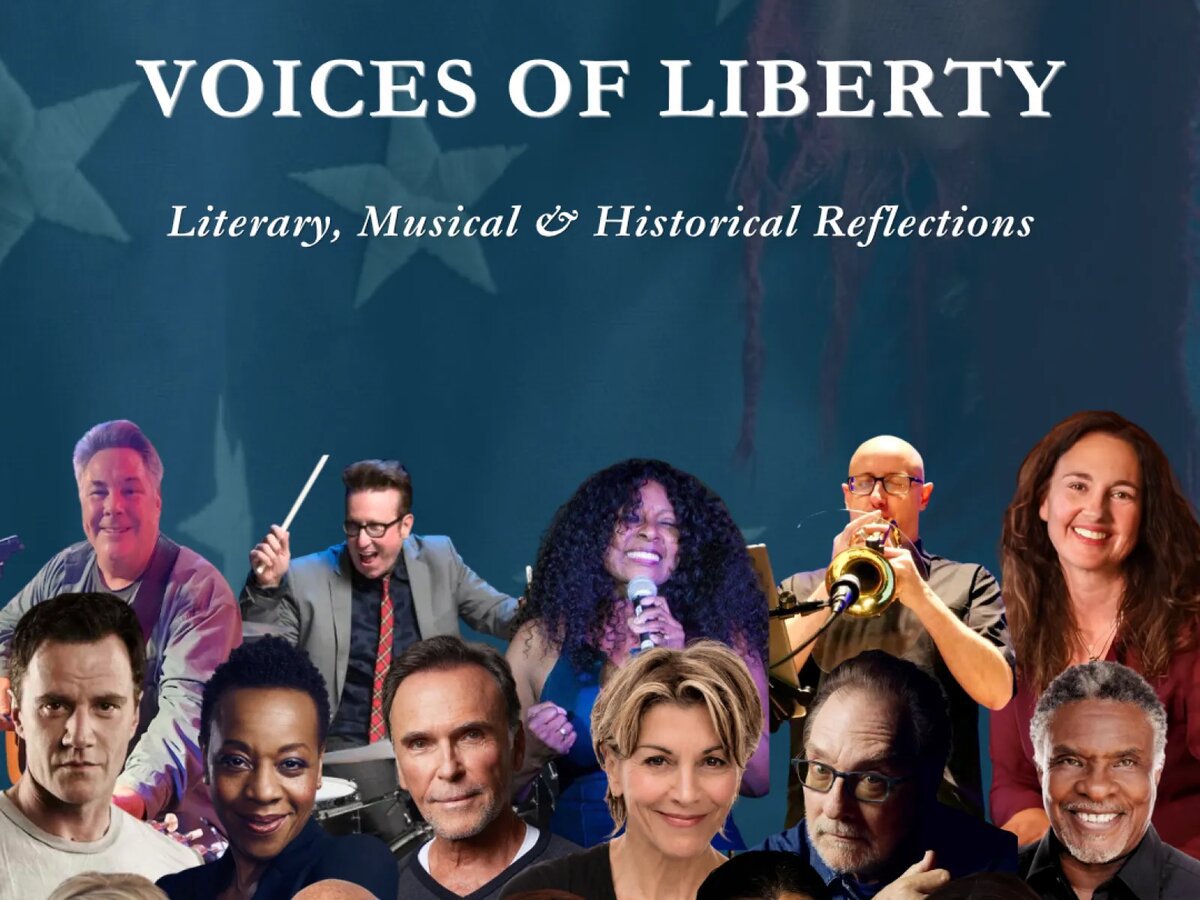 Flyer for Voices of Liberty showing the title over a blue flag backdrop with portraits of the cast and band