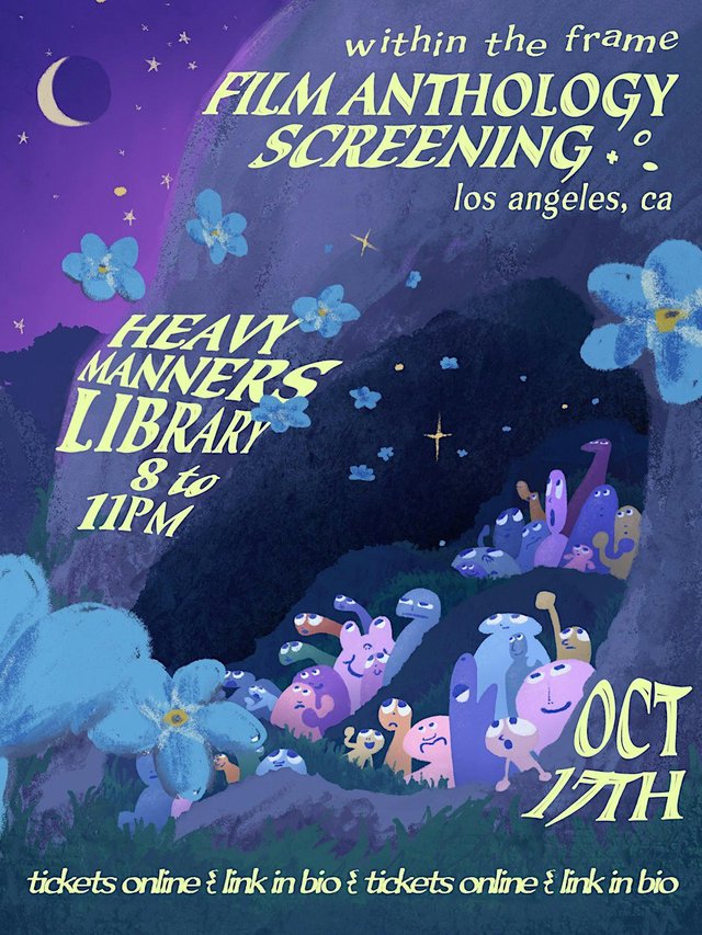 Illustrated poster of small pastel creatures peeking out of a flower-covered cave under a night sky, with screening details in yellow lettering