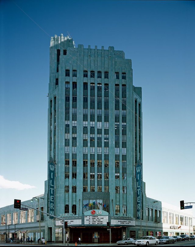 The Wiltern's blue-green art deco tower and marquee at Wilshire and Western, the venue for Yuuri's Los Angeles show