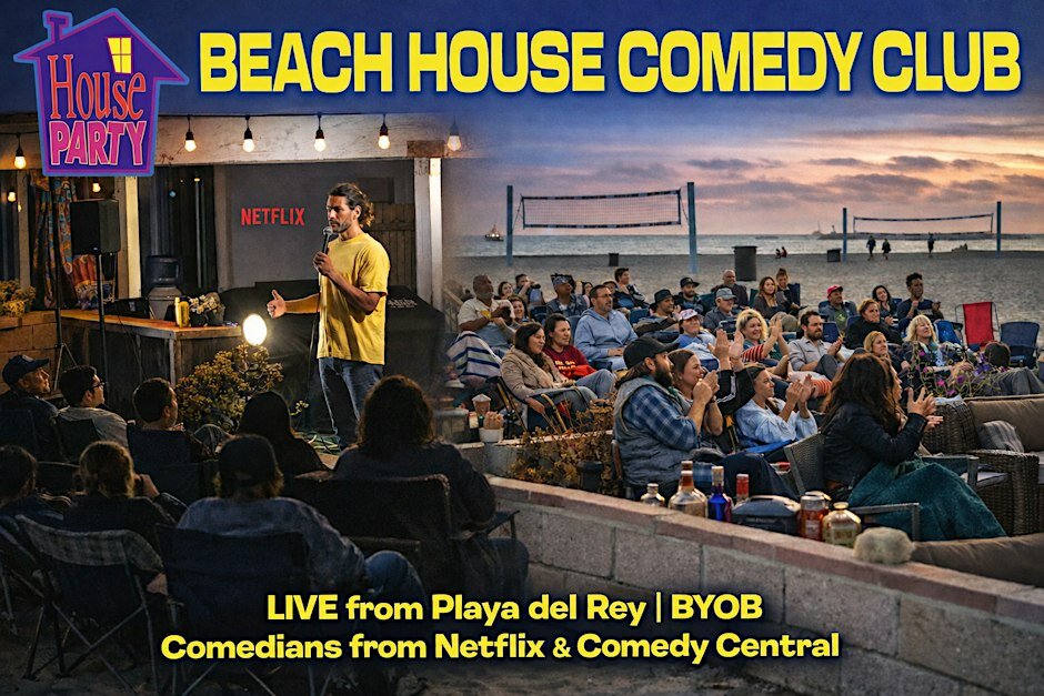 Comedian performing for a seated crowd at an outdoor Beach House Comedy Club show beside a sunset beach with volleyball nets
