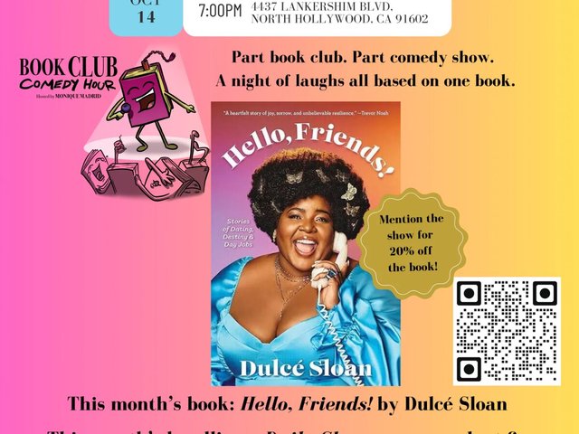 Event flyer for Book Club Comedy Hour showing the Hello, Friends! book cover by Dulcé Sloan