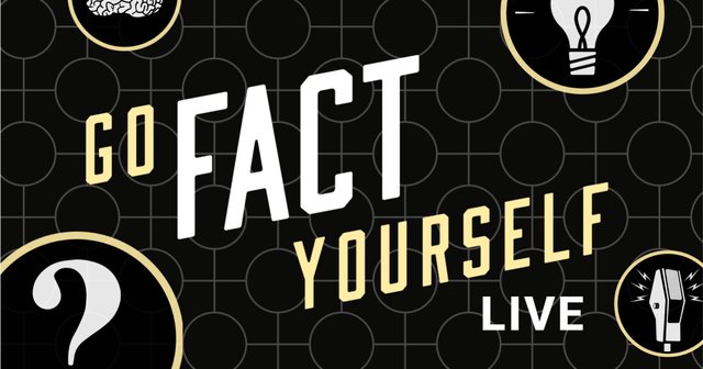 Black graphic with the words Go Fact Yourself Live in cream and white lettering surrounded by icons of a brain, a light bulb, a question mark and a microphone