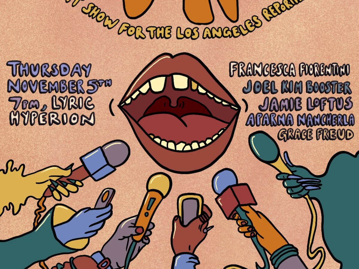 Illustrated poster of a open mouth surrounded by reporters' microphones, listing the Nov 5 comedy lineup