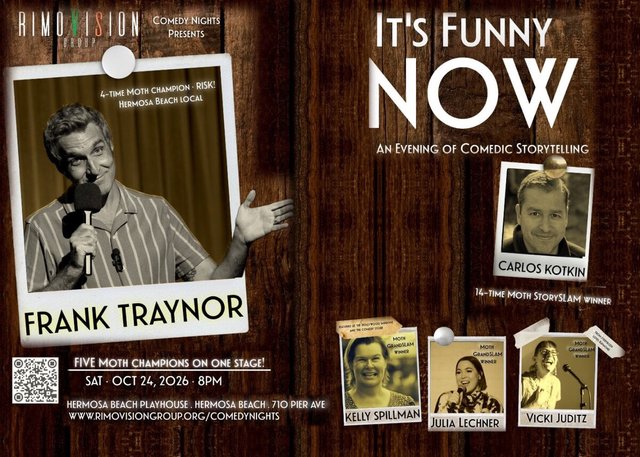 Event flyer for It's Funny NOW showing portraits of five Moth storytelling champions on a wood-panel background