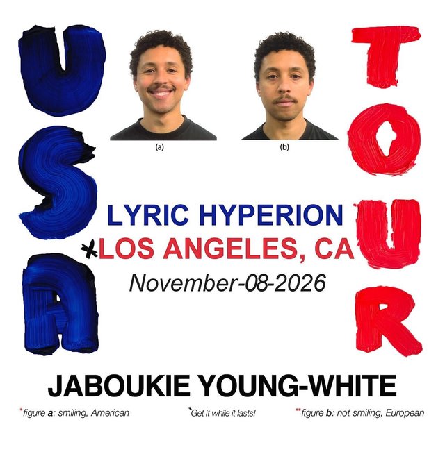 Tour poster with red and blue painted lettering and two portraits of a smiling, curly-haired man above the words Lyric Hyperion, Los Angeles